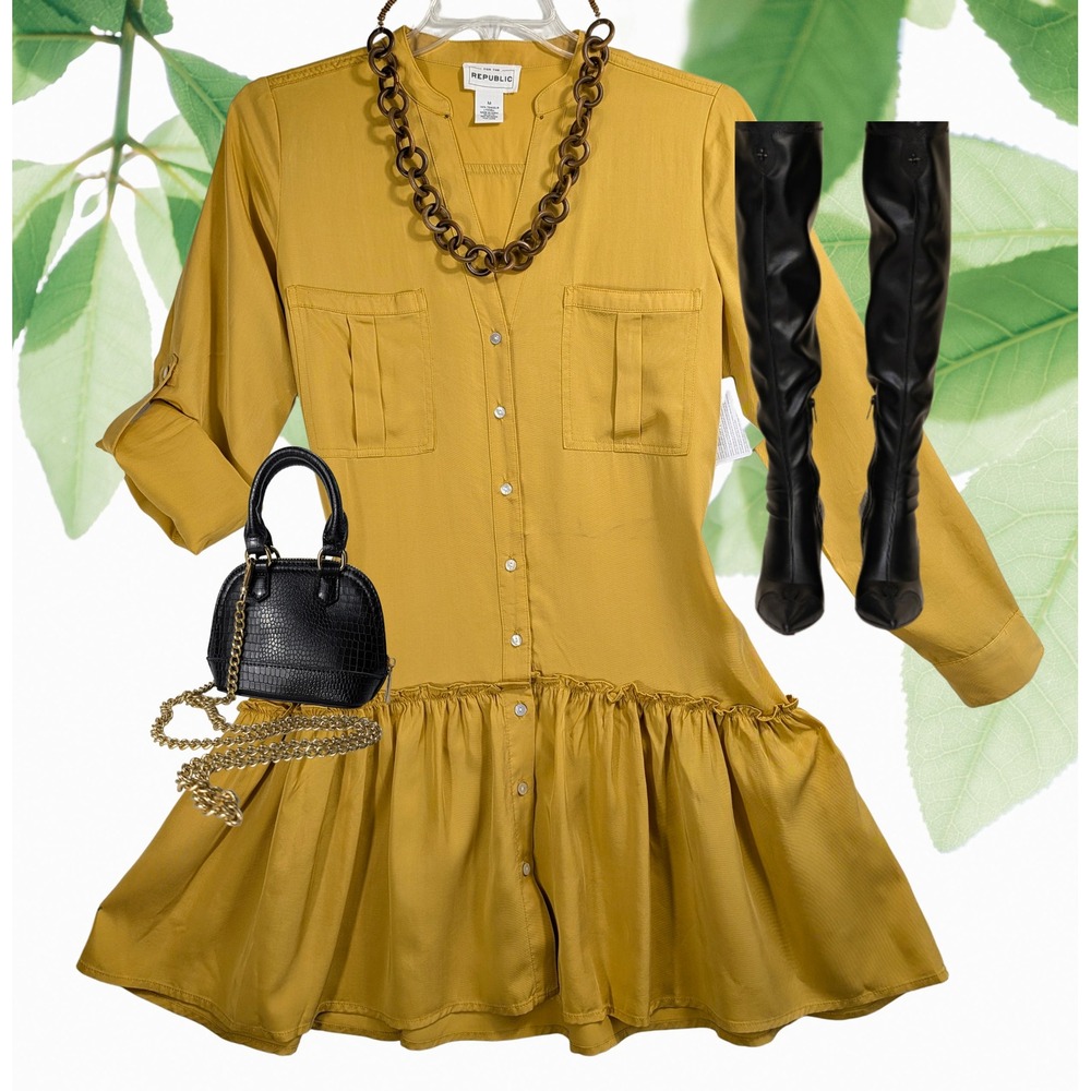 FOR THE REPUBLIC Sz M Mustard Tencel Lyocell Button Front Tiered Hem Shirt Dress